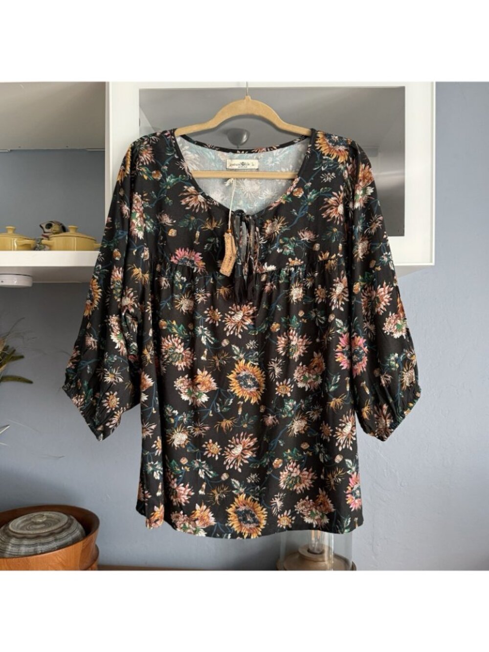 Natural Life Maribel Black Floral Top Boho Festival Prairie Peasant - Picture 3 of 5